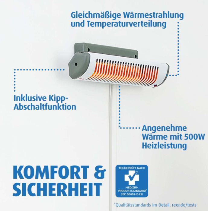 Preview: An der Wand montierter Reer EasyHeat Flex Infrarot-Heizstrahler zur sicheren Erwärmung des Wickelplatzes.